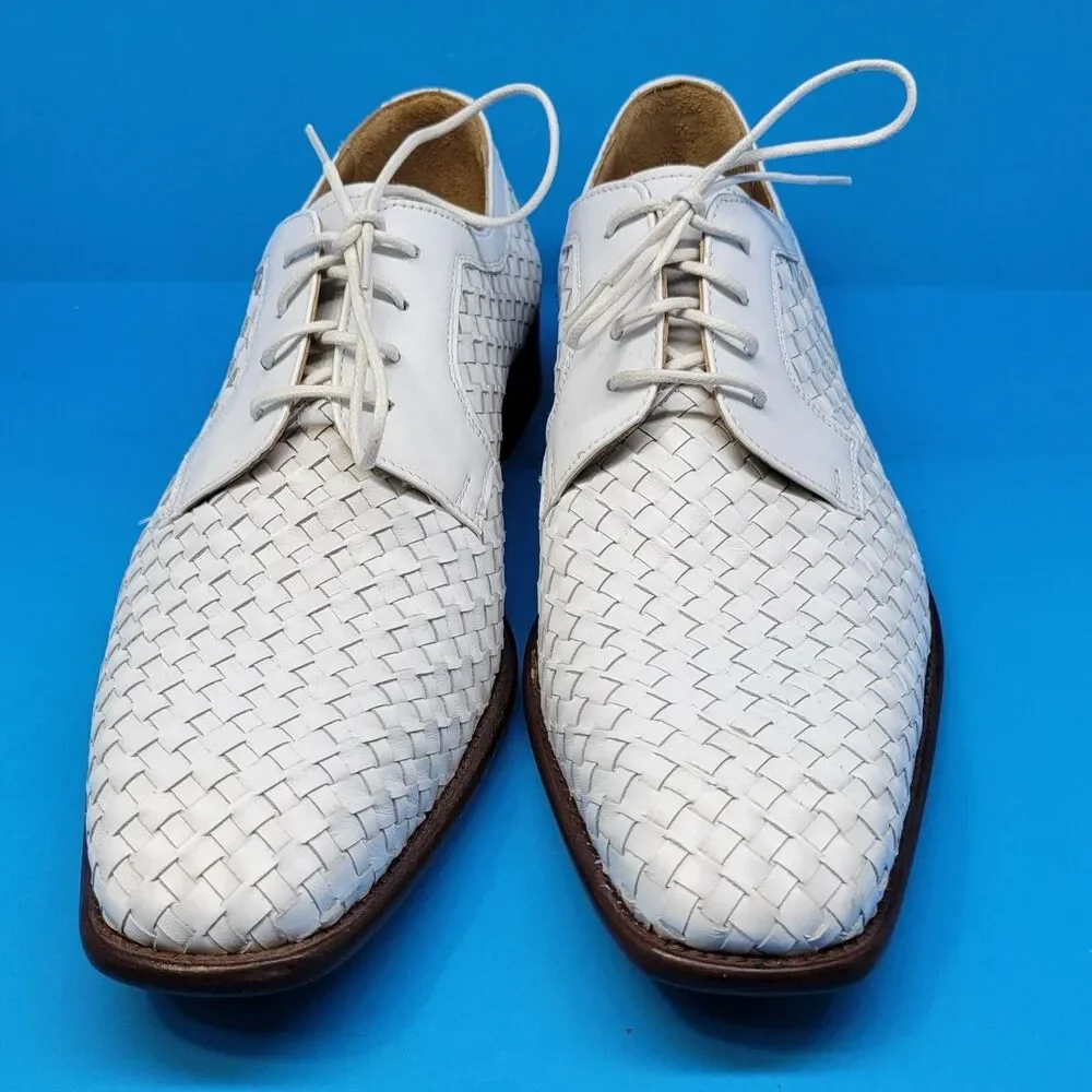 Paul Fredrick FPK 115D Mens White Leather Woven Derbys US 10 M Made In Italy EUC